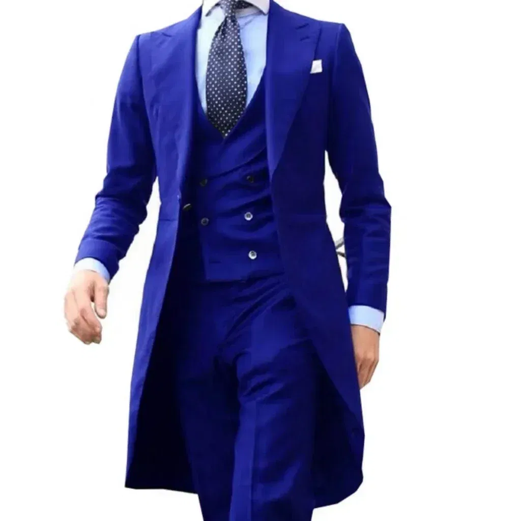 Color: ROYAL BLUE, Size: One Size - Elegant man suit Slim Fit Suit Luxury Formal Tuxedos Wedding 3 Pieces Blazer Vest Pants Set Long Tail Coat One Button Custom