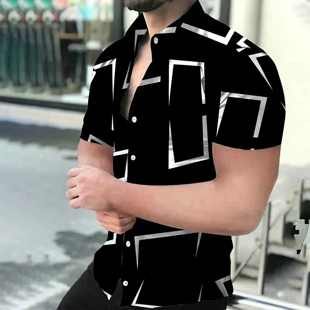 Color: Brown, Size: M - 3D Men's Striped Printed Short Sleeve Shirt, Fashionable And Casual Loose Shirt, 2023 New Style.