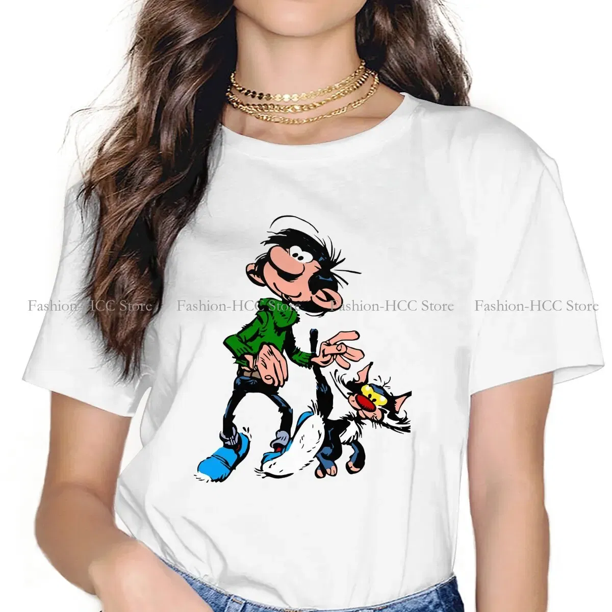 Color: WHITE, Size: XXXL - Gaston Lagaffe Comic Polyester TShirts Cartoon Color Big Ben Walking With Cat Classic Personalize Homme T Shirt Funny Tops