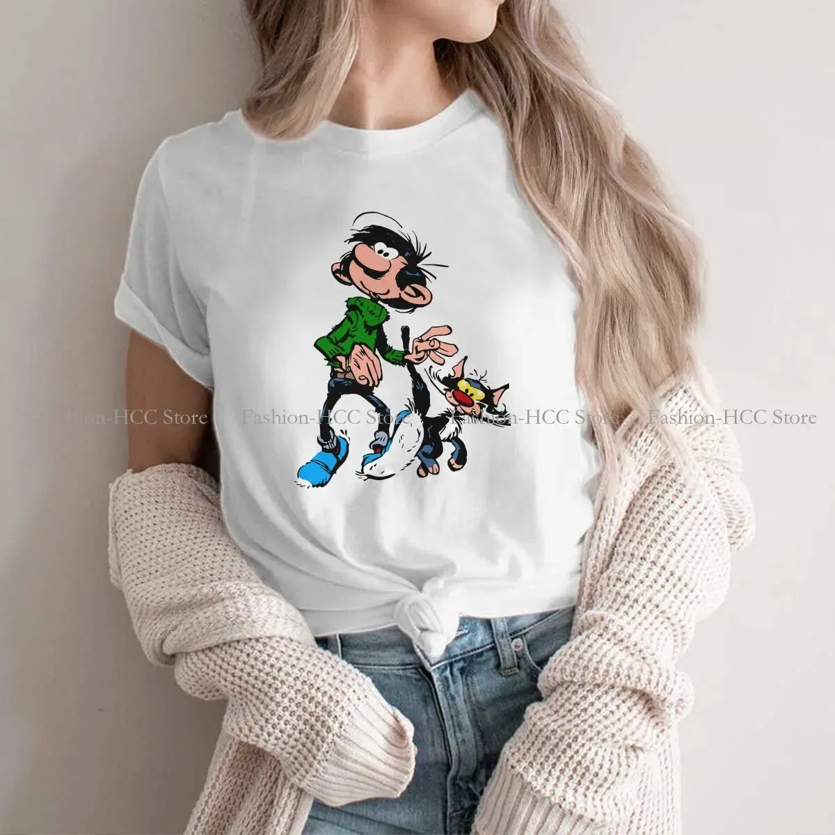 Color: WHITE, Size: XXXL - Gaston Lagaffe Comic Polyester TShirts Cartoon Color Big Ben Walking With Cat Classic Personalize Homme T Shirt Funny Tops