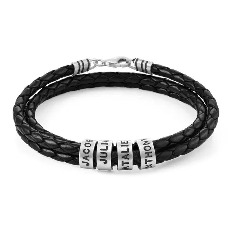 Metal Color: Rhodium Plated, Length: 19cm, Main Stone Color: black - Personalized Names Men Leather Bracelet Braided Leather Bracelet Custom Family Names Bracelet Personalized Men Bracelet Gift