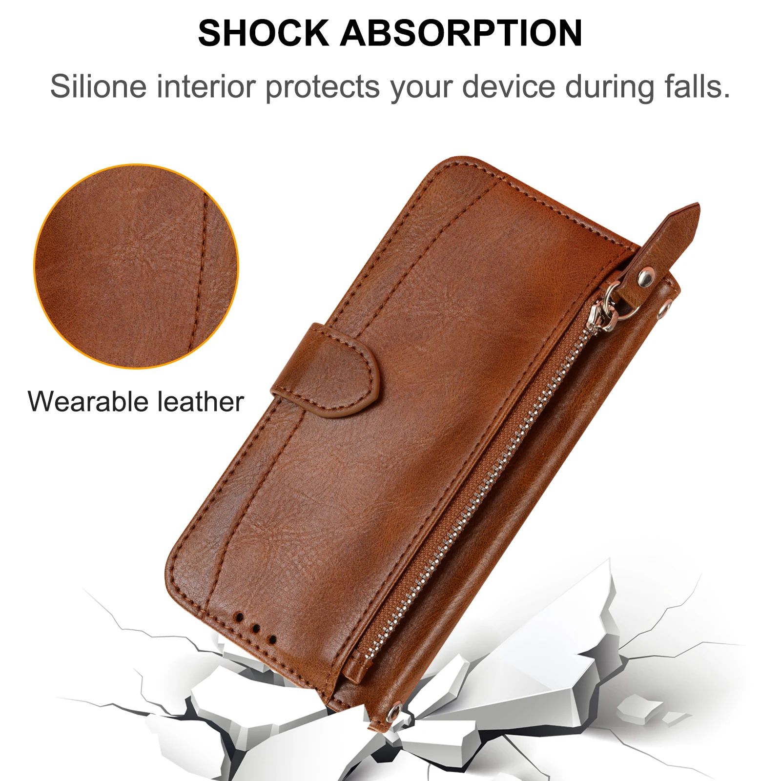 Color: black, Material: ABS - Fashion Zipper Wallet Case For Samsung Galaxy S21 S22 S23 S24 S24FE S24PLUS S24ULTRA MaxBag Flip Card Faux Leather Book Cover
