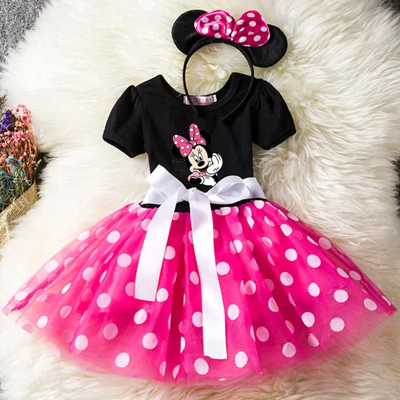 Color: Blue, Size: L - Mickey Minnie Mouse Cartoon Kids Short Sleeve Polka Dot Princess Dress Party Baby Girls Clothes Cosplay Costumes 1-6Y