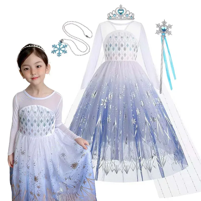 Kid Size: 13, Color: SKY BLUE - Disney Frozen Anna Elsa Girls Princess Dresses Mesh Sequin Dress Kids Cosplay Snow Queen Costumes Carnival Birthday Party Gowns