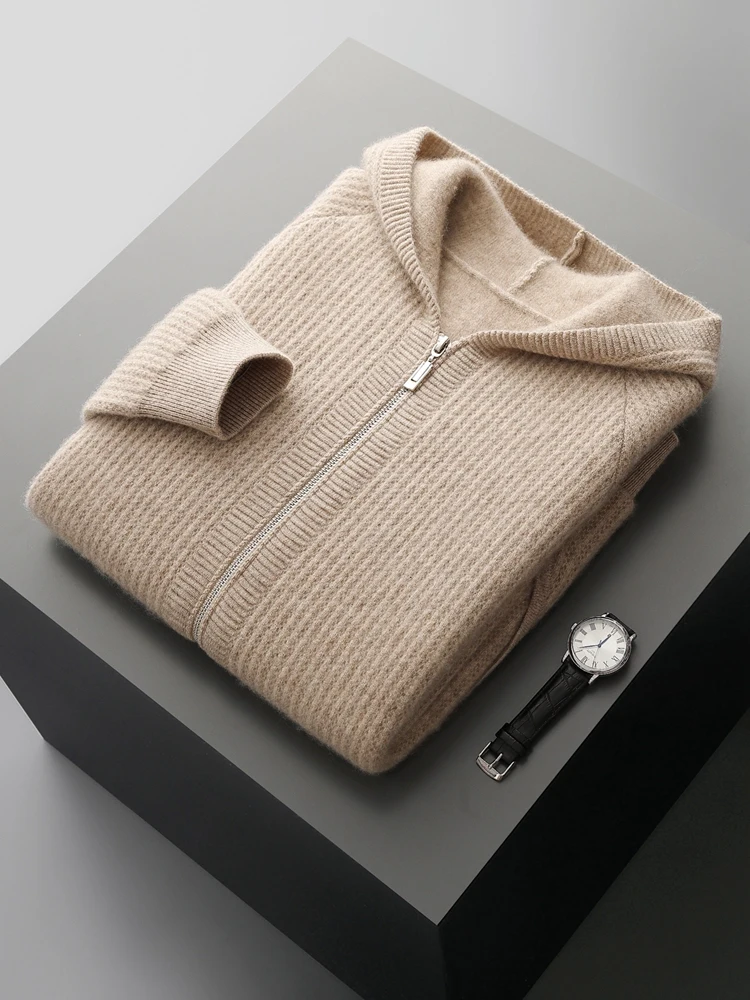 Color: Khaki, Size: XL - Daily Clothes Autumn Winter Sweater Men's Coat 100% Merino Wool Sweater Cardigan Knitted Jacket Thicked Hooded Outerwears Trend