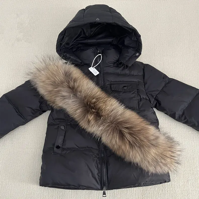 Color: Beige, Kid Size: 8 - Kids Winter Down Jacket Shiny Real Raccoon Fur Collar Toddler Boys Hooded Coat Baby Girls Warm Snowsuit Children's Parkas