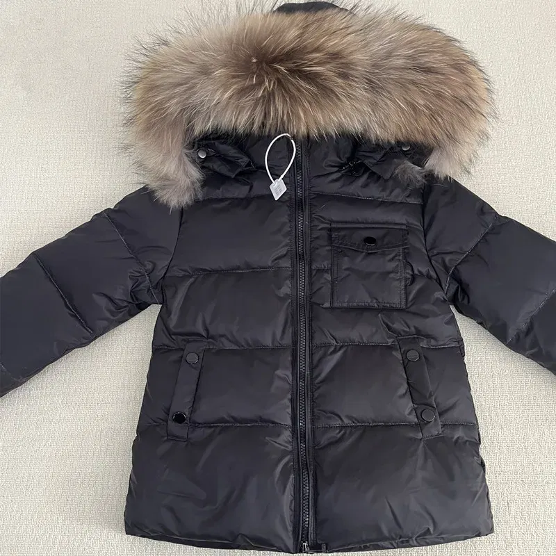 Color: Beige, Kid Size: 8 - Kids Winter Down Jacket Shiny Real Raccoon Fur Collar Toddler Boys Hooded Coat Baby Girls Warm Snowsuit Children's Parkas