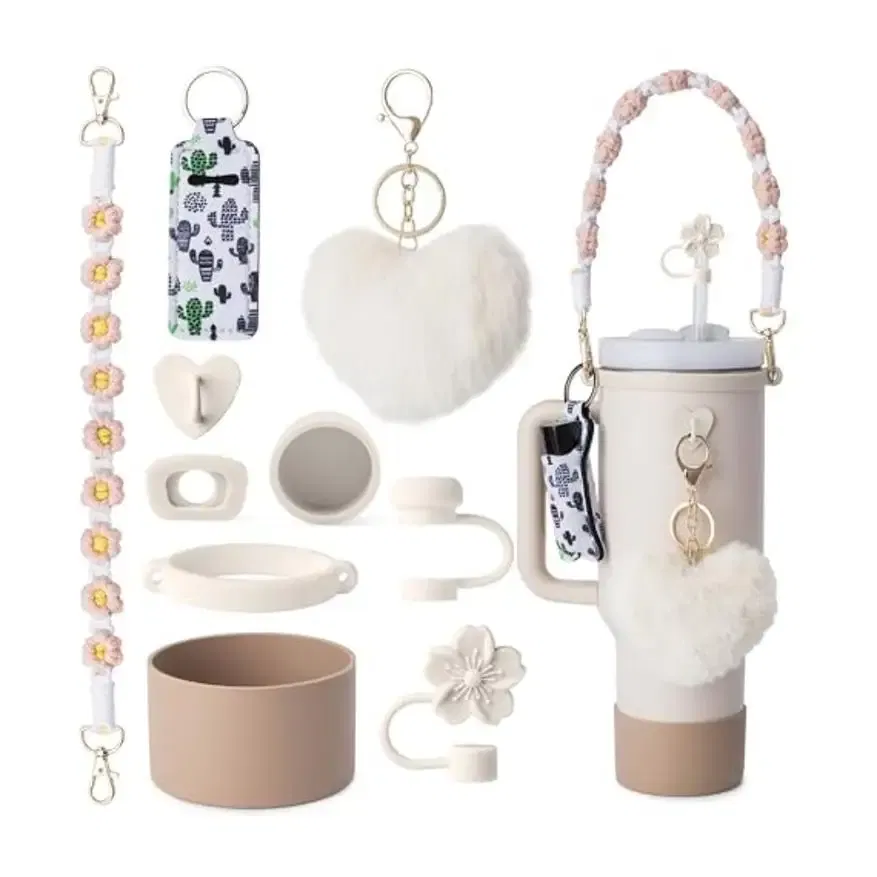 Color: Light Grey, Ships From: CHINA - ins antislip straw cap case Charm chain pendant lot Accessories Initial Keychain Handle for Stanley cup bottle Tumbler for Women