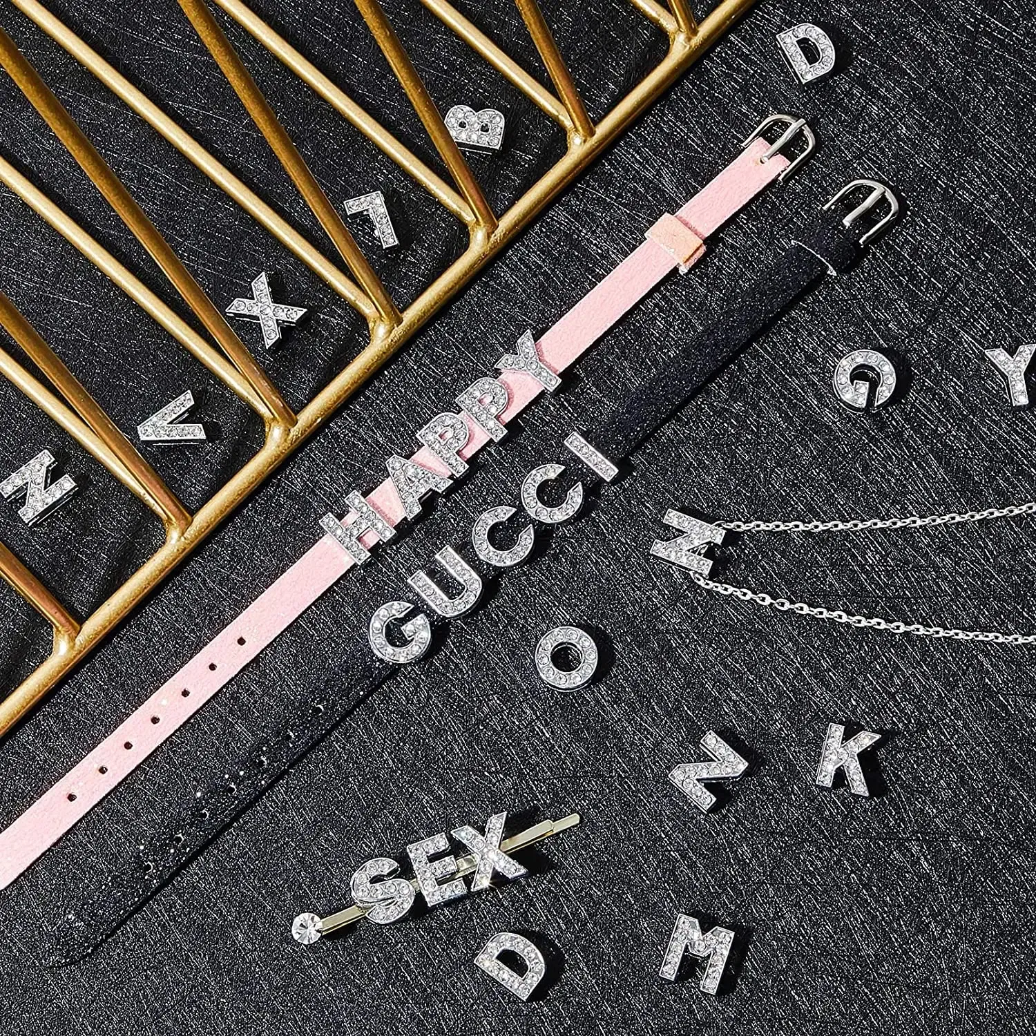 Color: Khaki - Rhinestone Slide Charms Letters For Jewelry Making Women Bracelet 8mm Alphabet A-Z Pet Collar Necklace DIY Accessories Gift