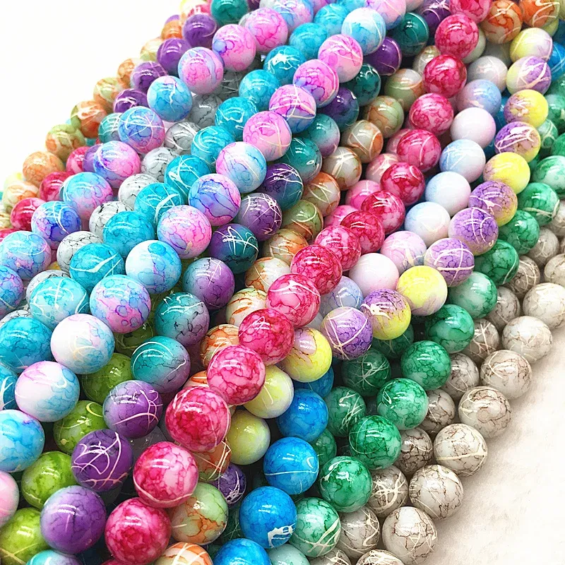 Color: champagne, Item Diameter: 7mm - Wholesale 4/6/8/10mm Glass Beads Round Loose Spacer Beads Pattern For Jewelry Making DIY Bracelet Necklace