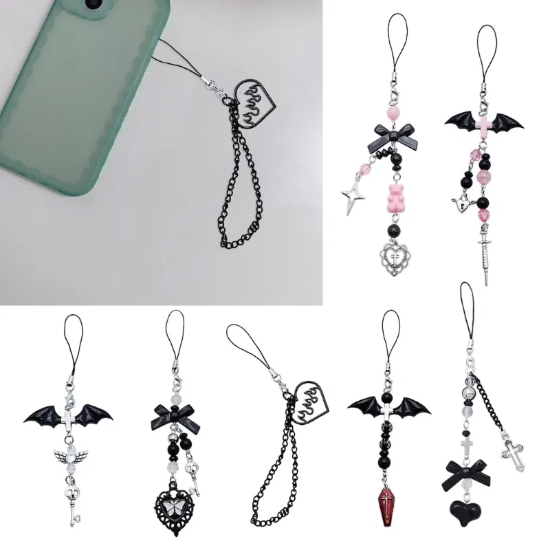 Color: Blue - Goth Y2K Phone Charm Pendant Kawaii-Key Chain For Bag Cute Accessory Women Guitar Strap Lanyard Beaded Keychain Pendant