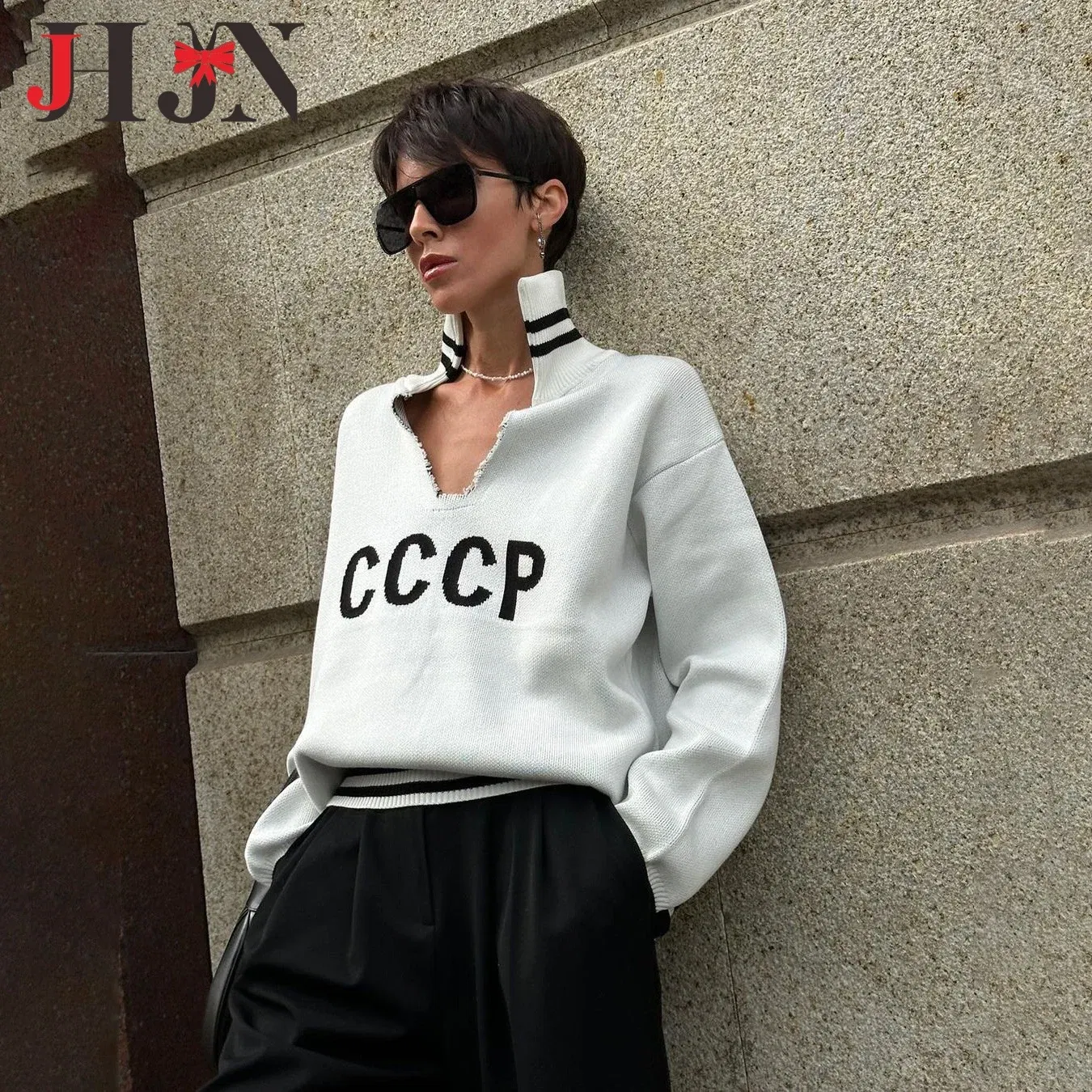 Color: Red, Size: XL - JHJN Autumn V-Neck Sweater Women Patchwork Letter Streety Tops Loose Casual Pullovers Long-Sleeved Knitted Shirts Women Sweater