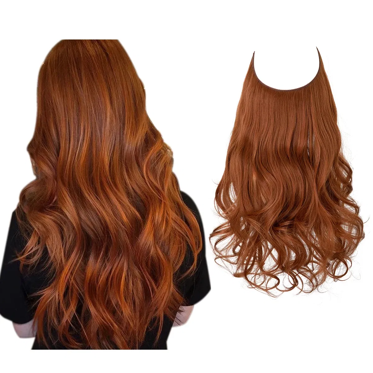 Color: T1B/33/27, Stretched Length: 18inches - Synthetic No Clip Wave Hair Extensions Ombre Natural Black Blonde Pink One Piece False Hairpiece Fish Line Fake Hair Piece