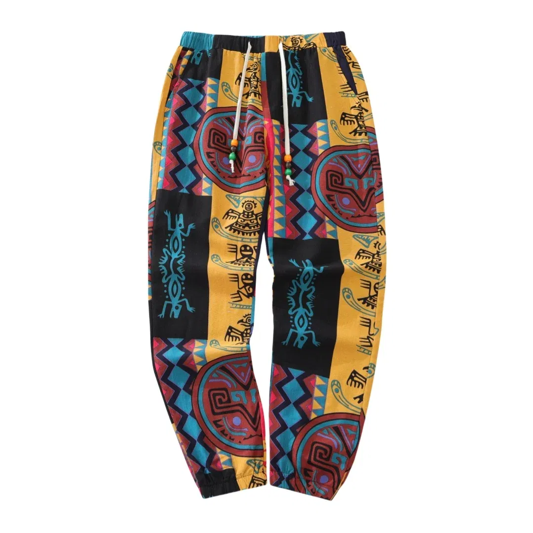Color: SKY BLUE, Size: XL - Mens Boho Tribal Print Stretch Linen Pnats Cotton Blend Drawstring LightWeight Trousers with Pockets Summer Jogger Pants