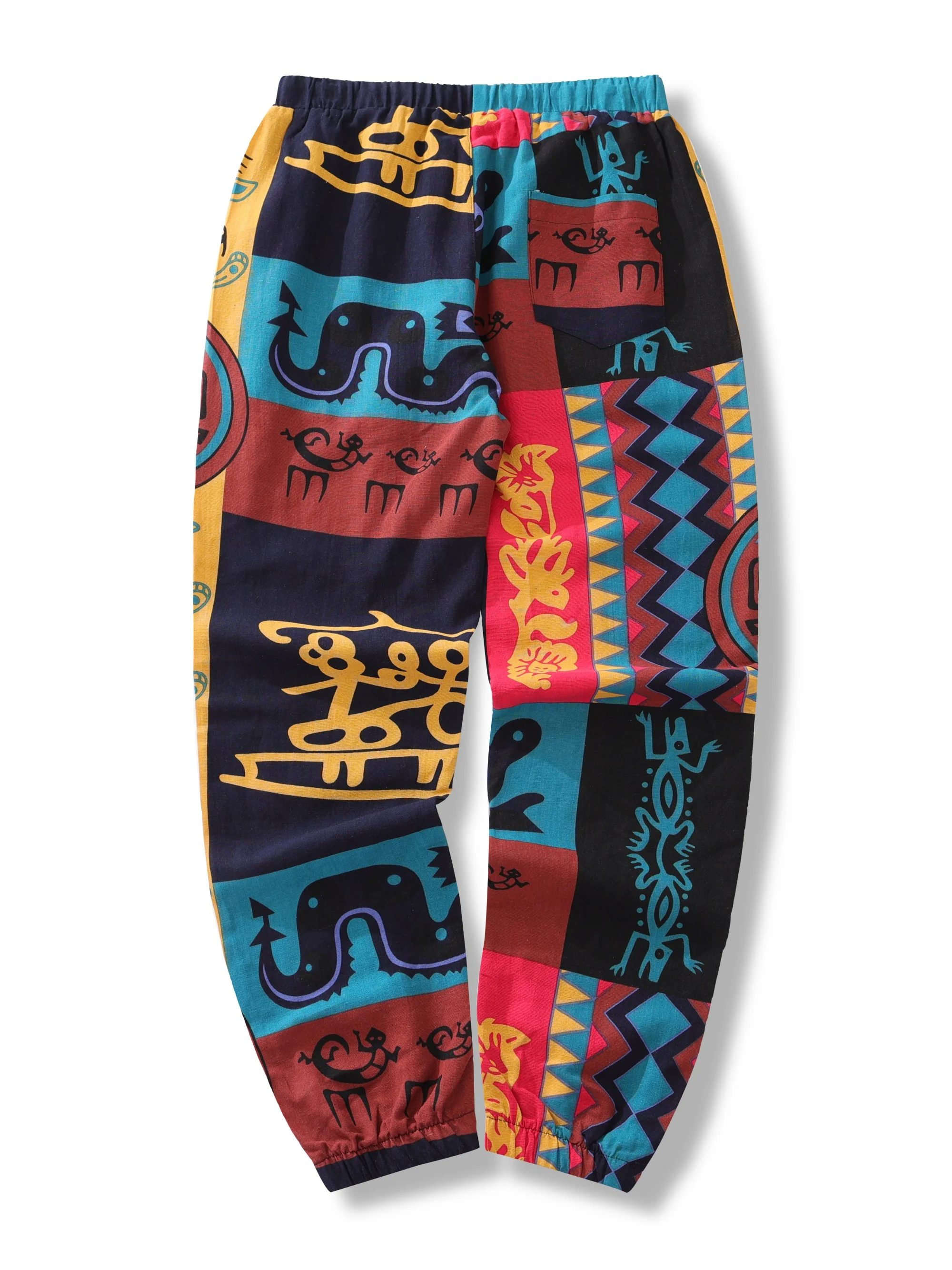 Color: SKY BLUE, Size: XL - Mens Boho Tribal Print Stretch Linen Pnats Cotton Blend Drawstring LightWeight Trousers with Pockets Summer Jogger Pants