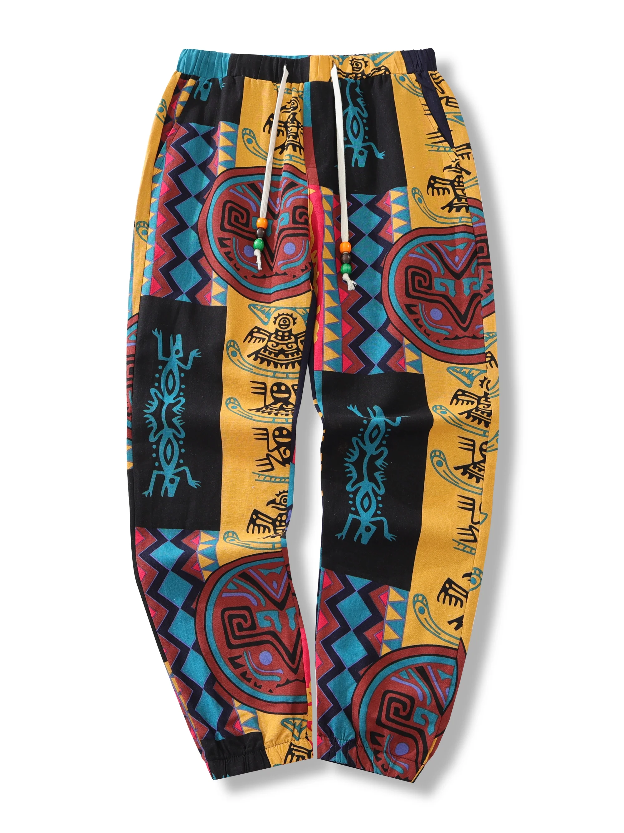 Color: SKY BLUE, Size: XL - Mens Boho Tribal Print Stretch Linen Pnats Cotton Blend Drawstring LightWeight Trousers with Pockets Summer Jogger Pants