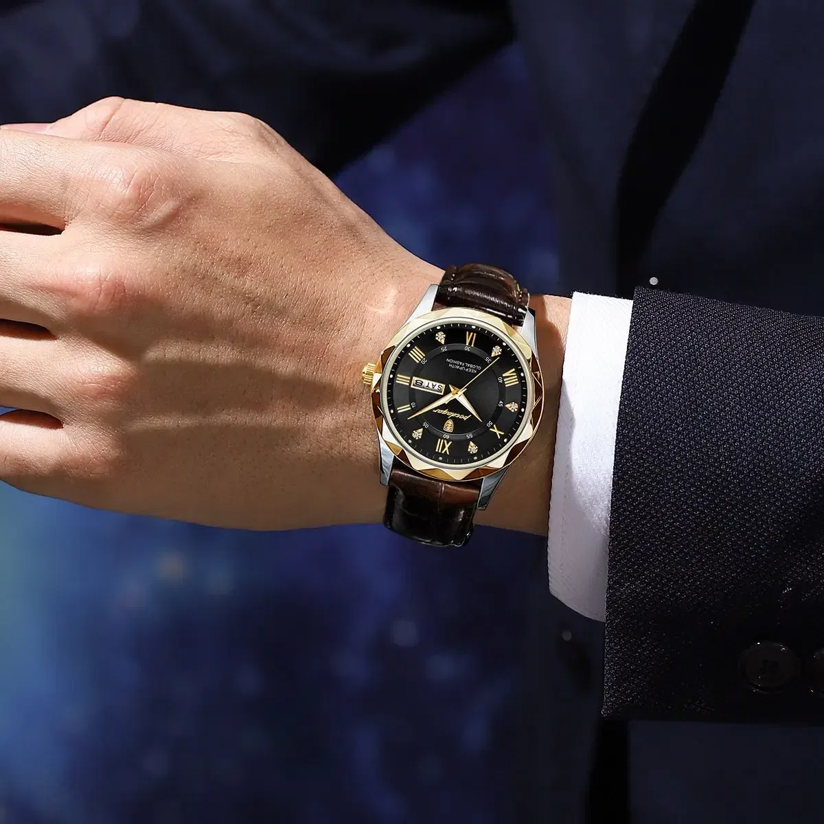Color: Red - POEDAGAR Luxury Business Man Wristwatch Waterproof Luminous Date Week Men Watch For Men Quartz Clock Leather Men's Watches reloj