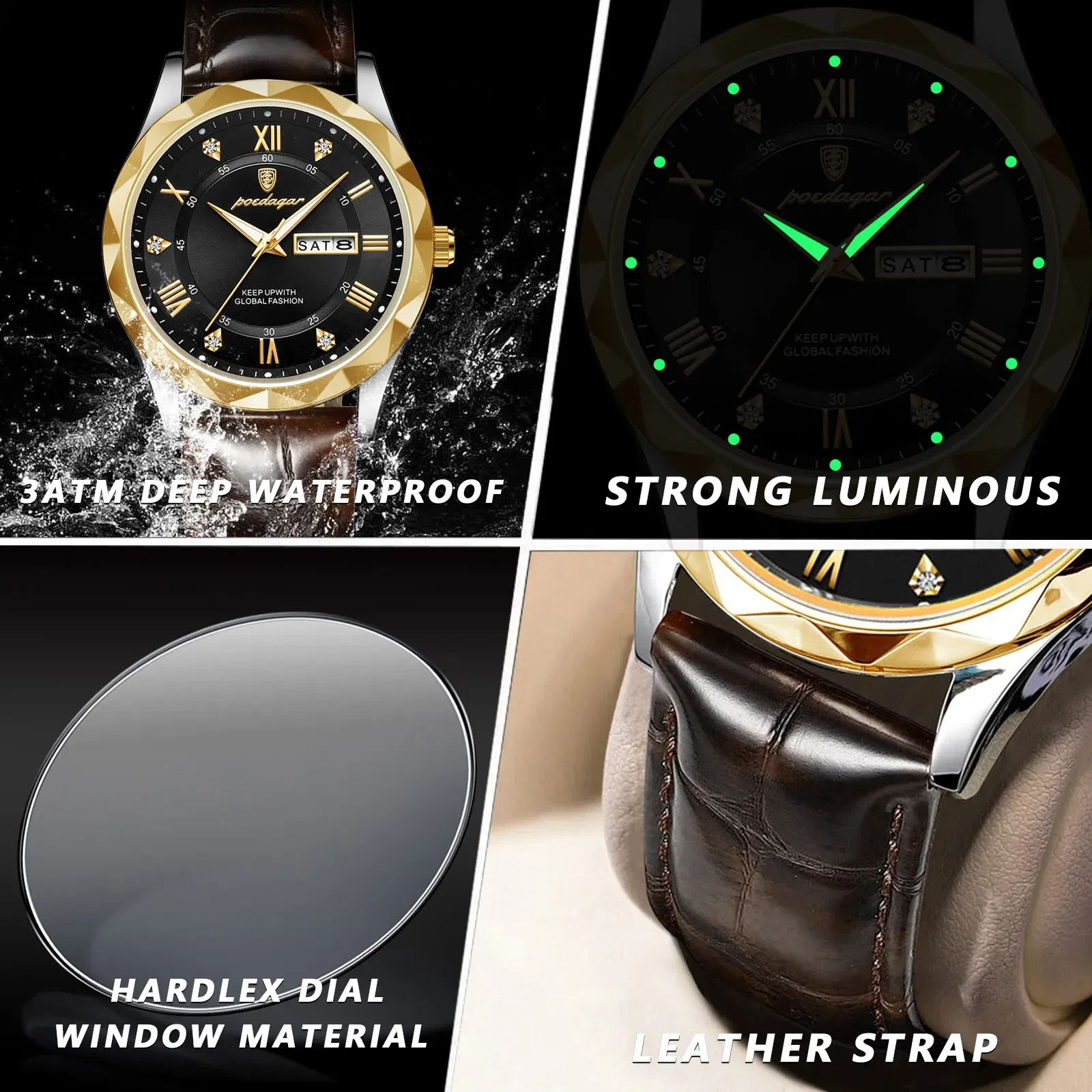 Color: Red - POEDAGAR Luxury Business Man Wristwatch Waterproof Luminous Date Week Men Watch For Men Quartz Clock Leather Men's Watches reloj