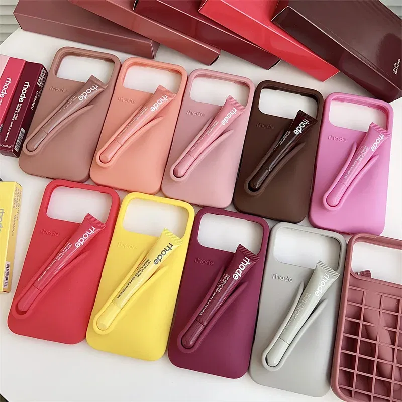 Material: Nylon, Color: Dark Grey, Bundle: Bundle1 - With Lipstick Phone Case for iPhone 17 13 14 15 16 17 Pro Max Plus 12 17 Air Silicone Lip Gloss Holder Hot INS Soft Cover Funda