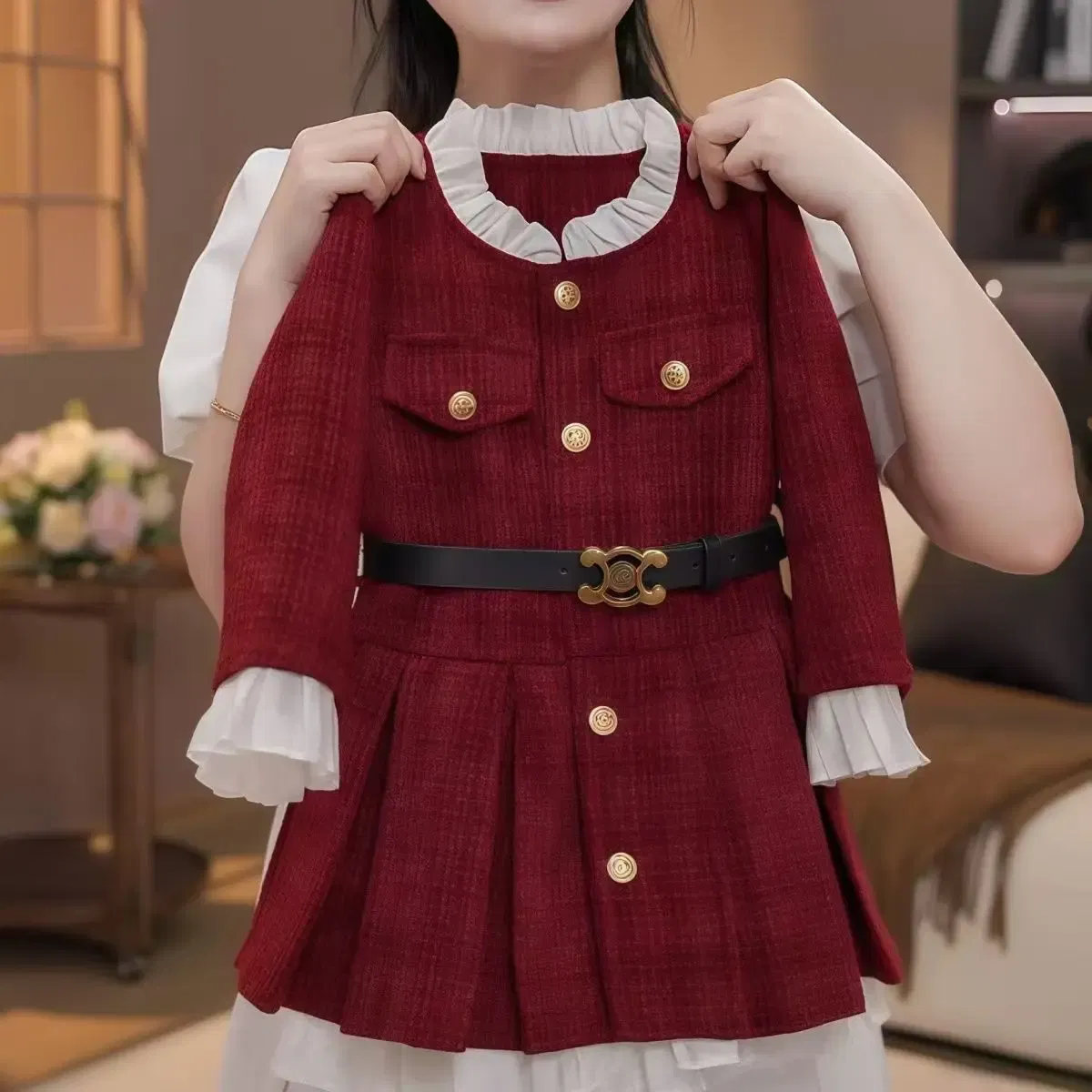 Color: Red, Kid Size: 6T - 2025 Fall Winter Girls' Fleece-Lined Dress Plush Cotton Padded Party Dress Chic Tweed A-Line Outfit Warm Elegant Toddler Gown