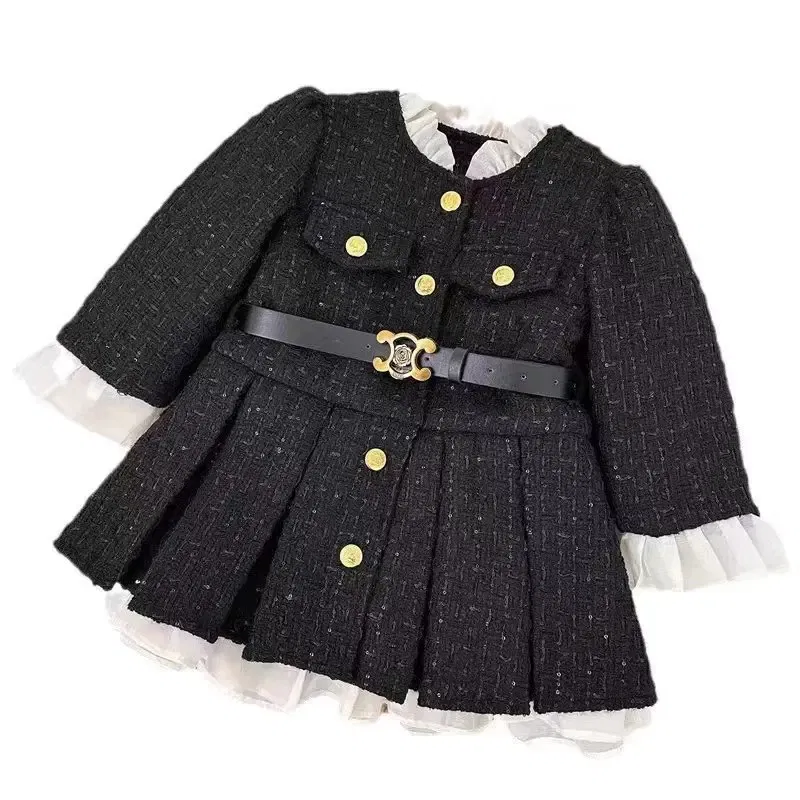 Color: Red, Kid Size: 6T - 2025 Fall Winter Girls' Fleece-Lined Dress Plush Cotton Padded Party Dress Chic Tweed A-Line Outfit Warm Elegant Toddler Gown