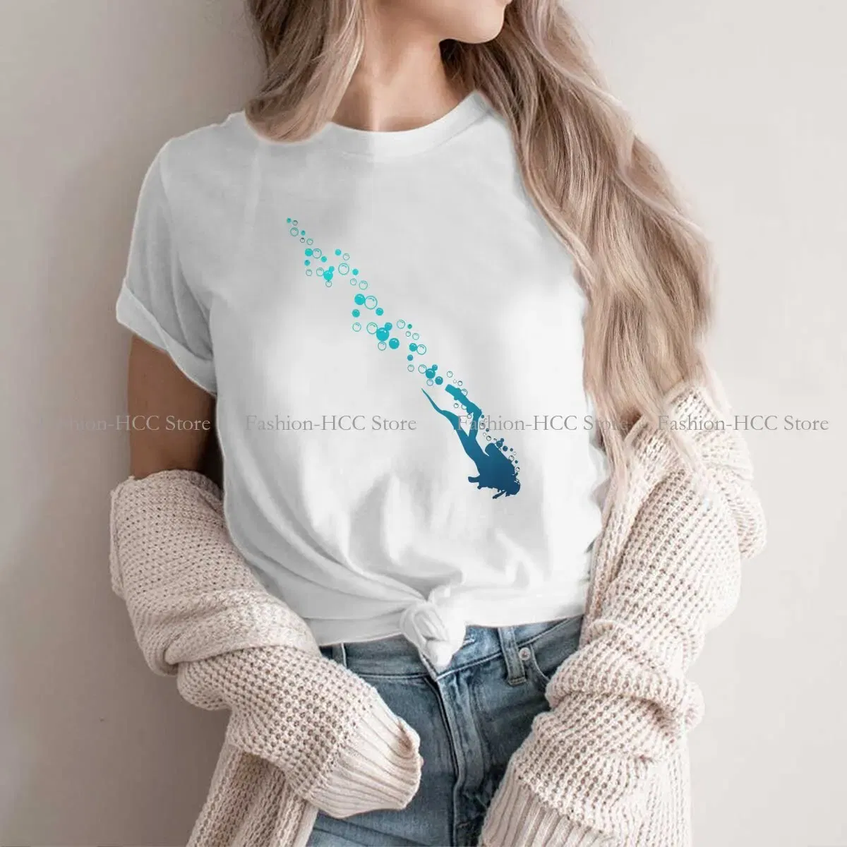 Color: WHITE, Size: S - Blue Diver Hipster Polyester TShirts Dive Scuba Diving Female Harajuku Streetwear T Shirt O Neck