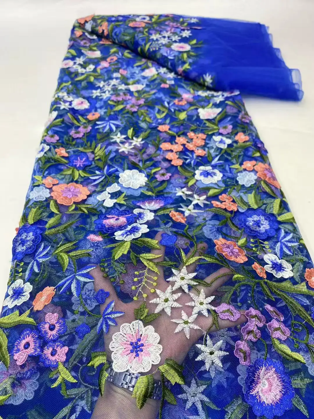 Color: DEEP BLUE, Width: 120cm, Length: 5 yards - Purple 3D Flowers French Latest Nigerian Lace Fabrics 2025 High Quality Net African Lace with Beads for Wedding Party 2025