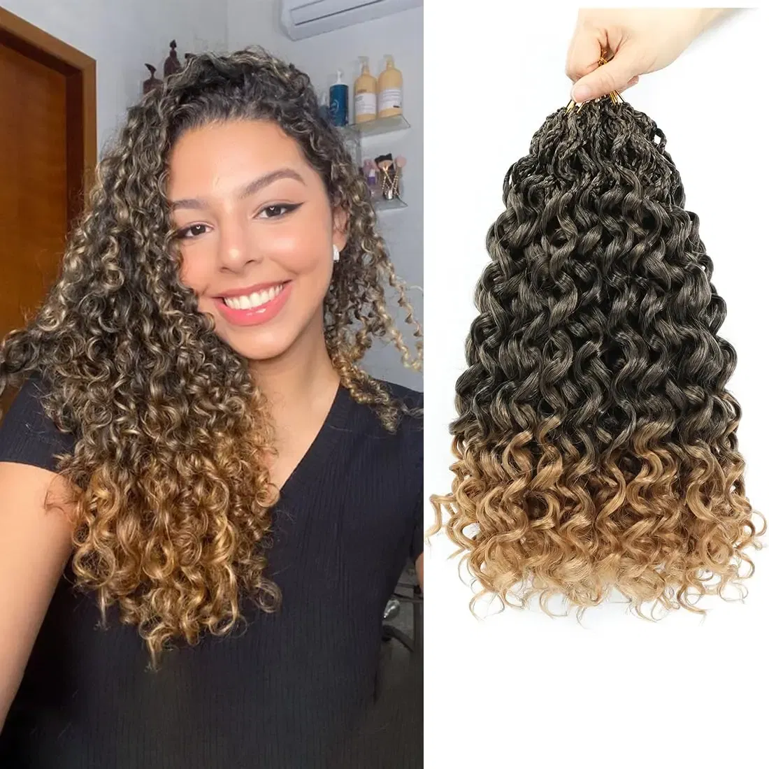 Color: T1B/27, Stretched Length: 14inches, Bulk Buy: 1Pcs/Lot - Box Gogo Curl Crochet Hair for Black Women Pre looped Short Ocean Wave Crochet Hair Water Wave Beach Curl Crochet Braiding Hair