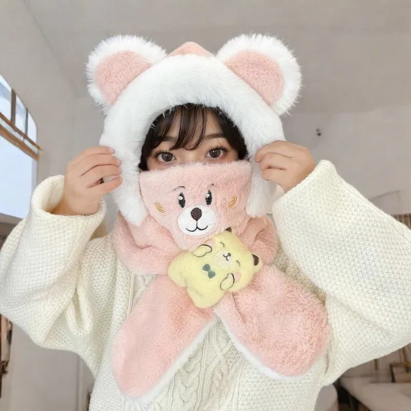 Color: GRAY - Winter Children One Piece Scarf Hat+Mask Cute Cartoon Baby Ear Protection Cap 1-6year Kids Plush Cross Neckerchief Warm Beanies