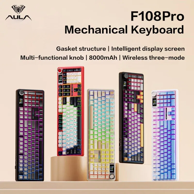 Color: Olive - AULA F108 Pro Mechanical Keyboard Three-mode Bluetooth /2.4G/ Wired Customized Full-key Hot-swapable Gasket Structure RGB Light