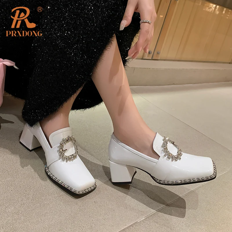 Color: Beige, Shoe Size: 35, Ships From: CHINA - PRXDONG New Arrivals Genuine Leather Spring Summer Women Pumps Square Med Heel Crystal Black White Dress Party Office Lady Shoes