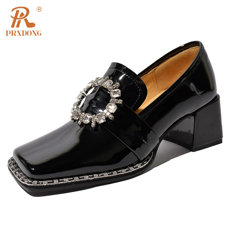 Color: Beige, Shoe Size: 35, Ships From: CHINA - PRXDONG New Arrivals Genuine Leather Spring Summer Women Pumps Square Med Heel Crystal Black White Dress Party Office Lady Shoes