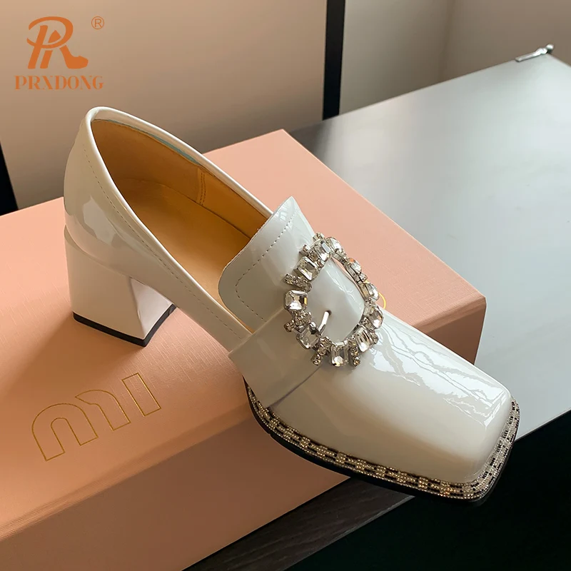 Color: Beige, Shoe Size: 35, Ships From: CHINA - PRXDONG New Arrivals Genuine Leather Spring Summer Women Pumps Square Med Heel Crystal Black White Dress Party Office Lady Shoes