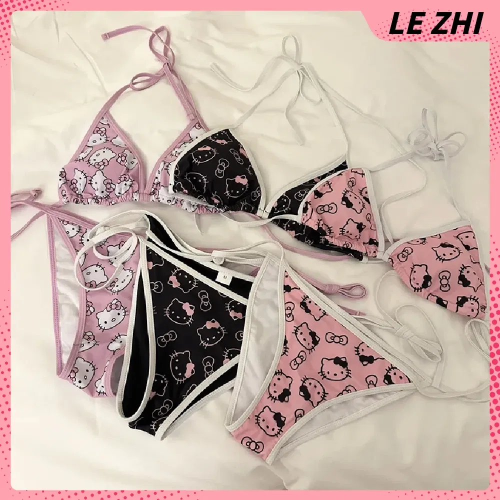Color: Fluorescence Yellow, Size: L - Kawaii Hello Kitty Bikini Cartoon Printing Two-piece Swimsuit Euro-american Spice Girl Underwear Sexy Bikini Holiday Gift
