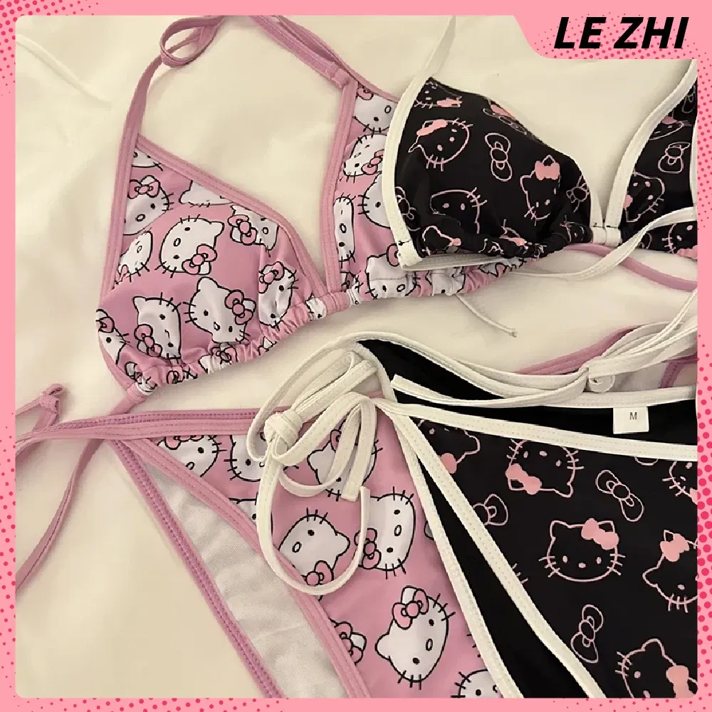 Color: Fluorescence Yellow, Size: L - Kawaii Hello Kitty Bikini Cartoon Printing Two-piece Swimsuit Euro-american Spice Girl Underwear Sexy Bikini Holiday Gift