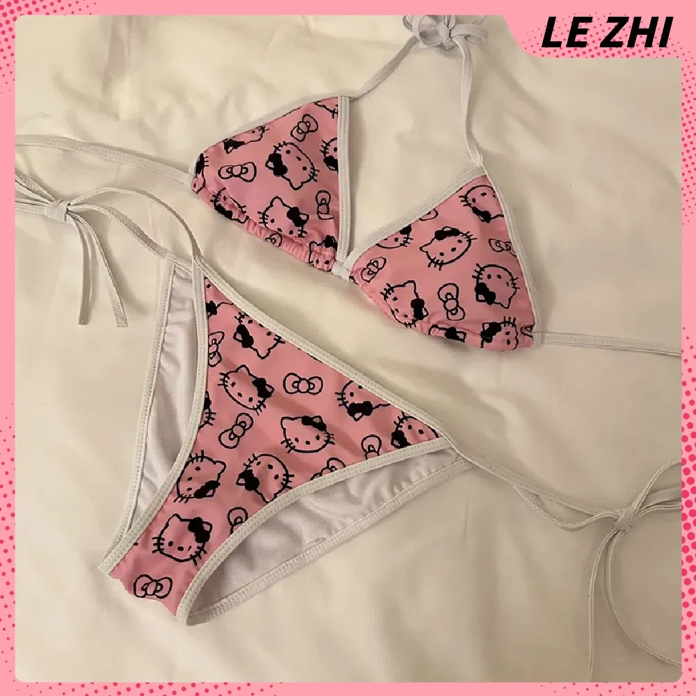 Color: Fluorescence Yellow, Size: L - Kawaii Hello Kitty Bikini Cartoon Printing Two-piece Swimsuit Euro-american Spice Girl Underwear Sexy Bikini Holiday Gift