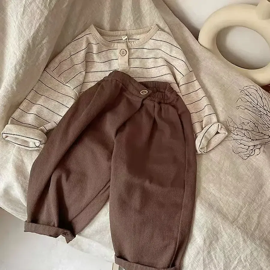Color: Beige, Kid Size: 4 - Korean Children's Striped T-shirt 2024 Spring Boys and Girls' Long Sleeve T-shirt Bottom Shirt Baby Loose Top