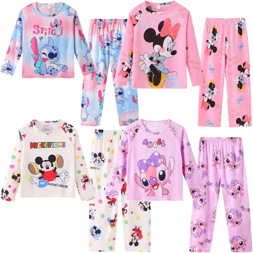 Color: Red, Kid Size: 18m - 2pcs/set New Disney Stitch Children Pyjamas for Boys and Girls Sets Kid Minnie Home Wear Travel Casual Sleepwear Suit Cute Gift