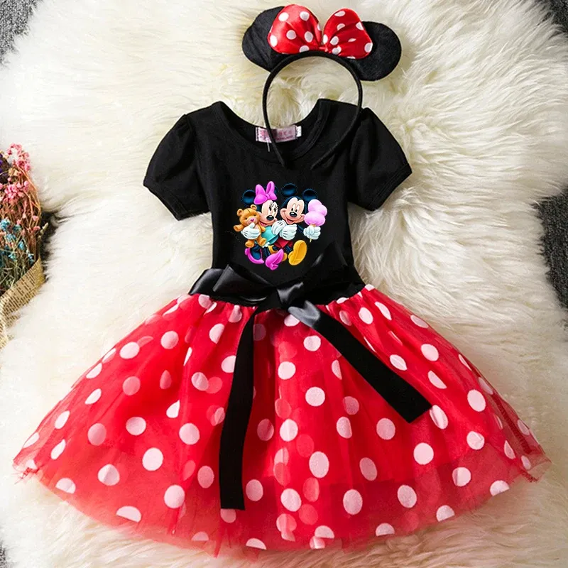 Color: WHITE, Size: M - Mickey Minnie Mouse Cartoon Kids Short Sleeve Polka Dot Princess Dress Party Baby Girls Clothes Cosplay Costumes 1-6Y