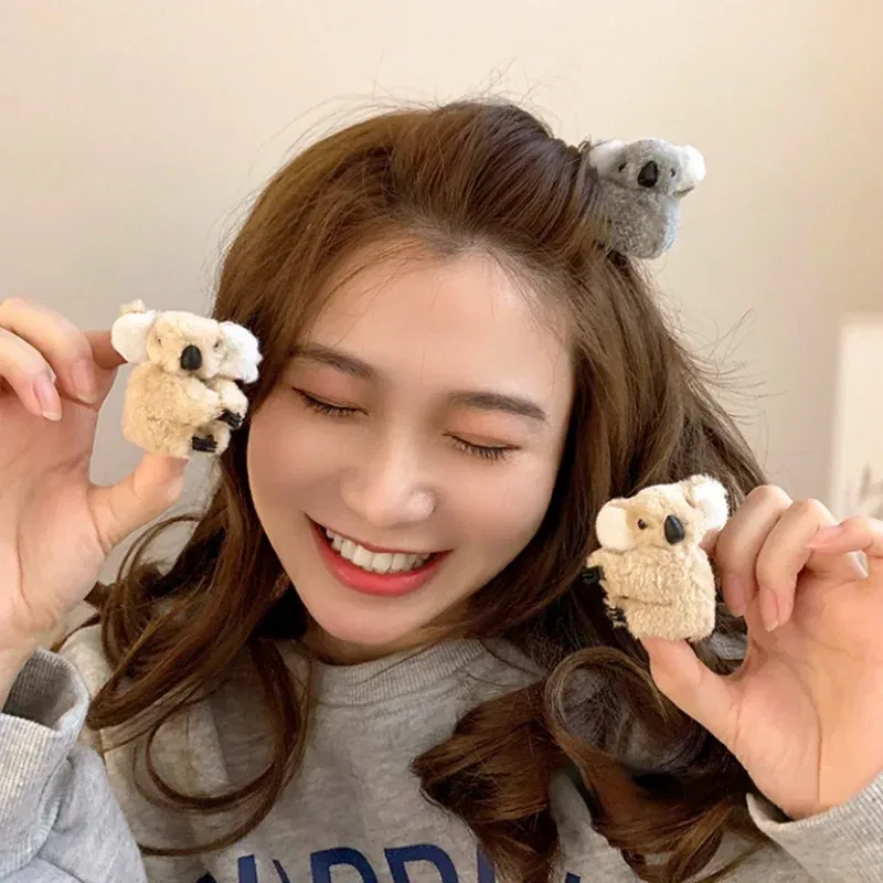 Color: black - 2021 Women Girls Cute Side Bangs Clip Plush Koala Bear Ornament Hair Clips Lady Soft Barrettes Hairpins Female Hair Accessories