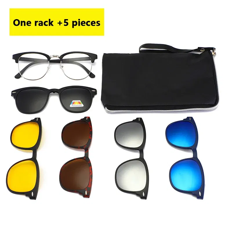 Lenses Color: Navy Blue, Ships From: CHINA, Frame Color: WHITE - 6 In 1 Spectacle Frame Men Women With 5 PCS Clip On Polarized Sunglasses Magnetic Glasses Male Computer Optical 2201