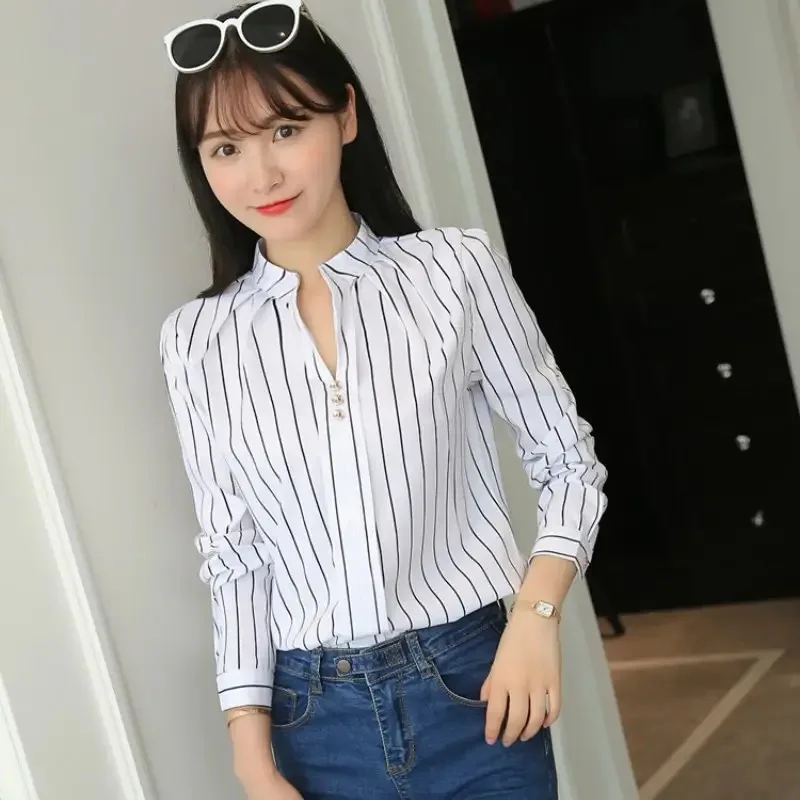 Color: green, Size: XL - Women White Tops Blouses Fashion Stripe Print Casual Long Sleeve Office Lady OL Shirts Slim Blusas DF4970