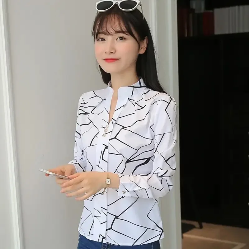 Color: green, Size: XL - Women White Tops Blouses Fashion Stripe Print Casual Long Sleeve Office Lady OL Shirts Slim Blusas DF4970