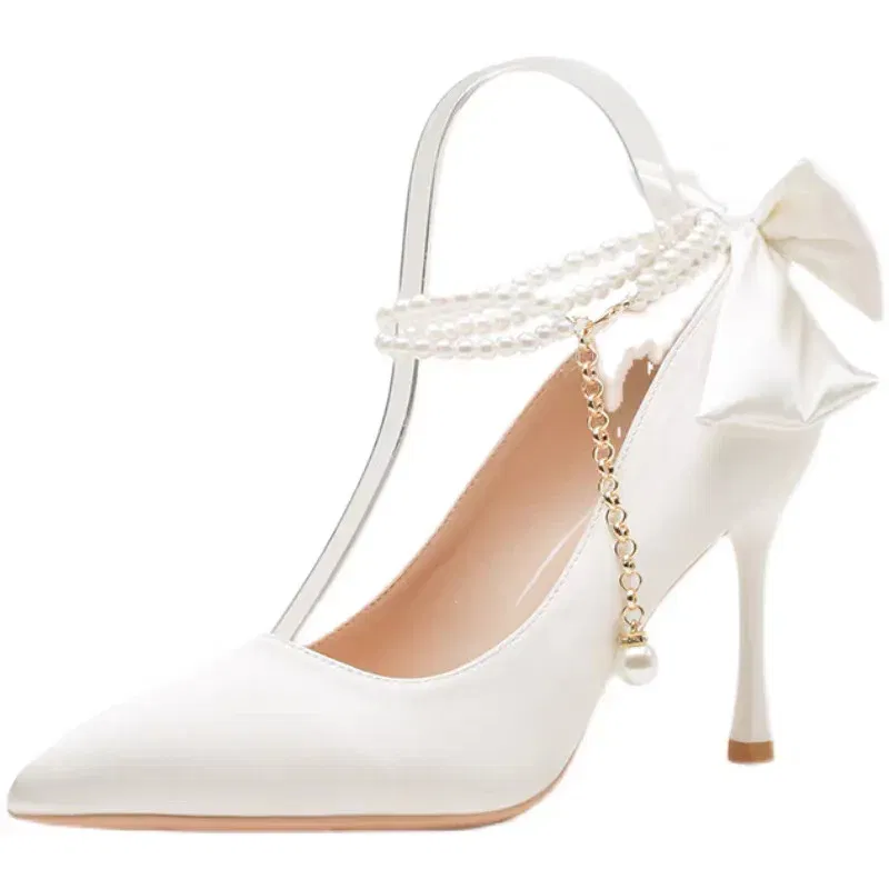 Color: Beige, Shoe Size: 36 - Size 35-40 Stiletto Heel Point Toe Pearls Buckle Belt 9cm High Heel Ladies Bow Satin Fabric White Wedding Shoes Women Pumps