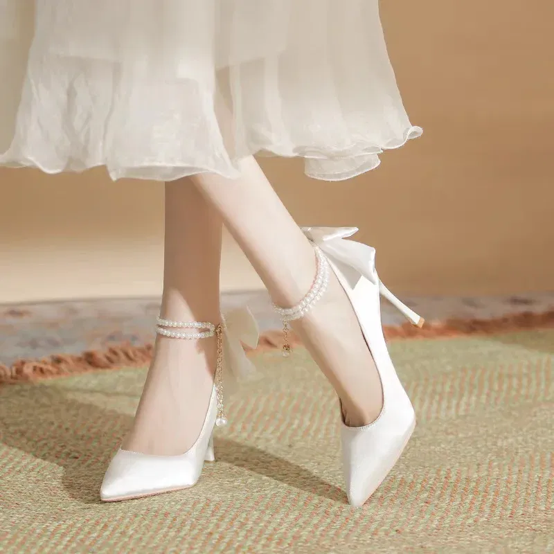 Color: Beige, Shoe Size: 36 - Size 35-40 Stiletto Heel Point Toe Pearls Buckle Belt 9cm High Heel Ladies Bow Satin Fabric White Wedding Shoes Women Pumps