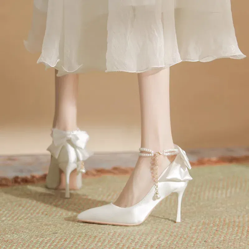Color: Beige, Shoe Size: 36 - Size 35-40 Stiletto Heel Point Toe Pearls Buckle Belt 9cm High Heel Ladies Bow Satin Fabric White Wedding Shoes Women Pumps