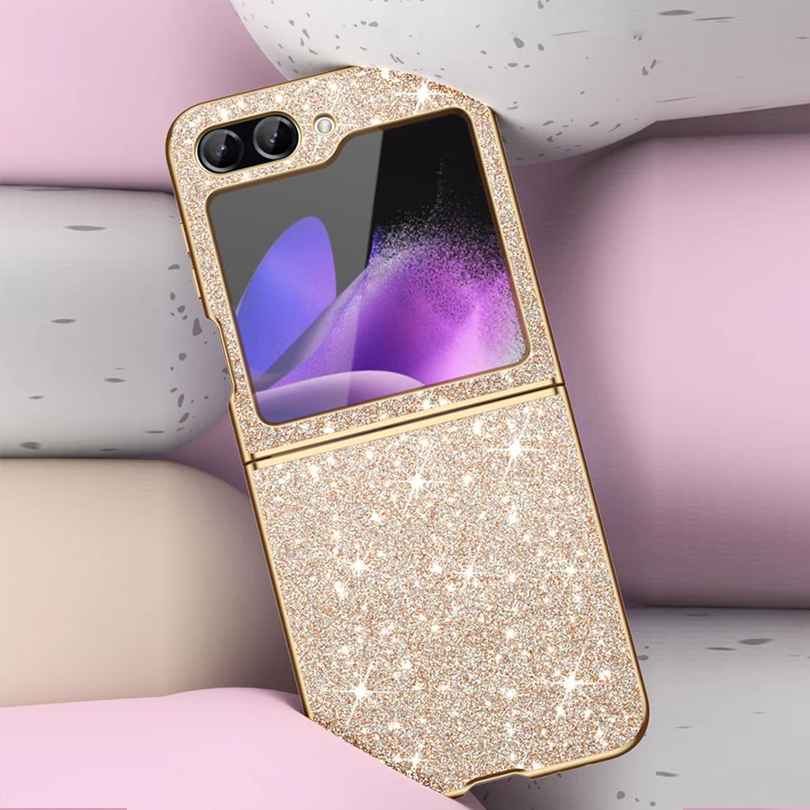 Color: Black, Material: Aluminum - sparkling Stylish phone case Samsung Galaxy Z Flip 5 4 5G protective cover Cell phone case for women