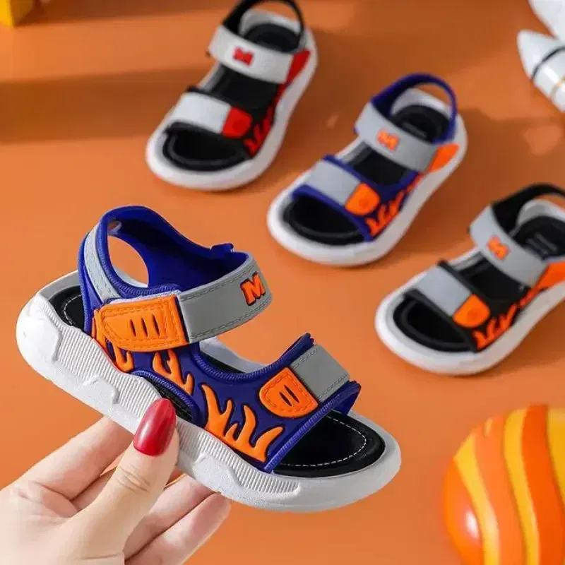 Color: black, Shoe Size: 1 - Baby Sandals Flame Pattern Boy Sandals Soft Sole Anti-slip Boys Girls Children Shoes