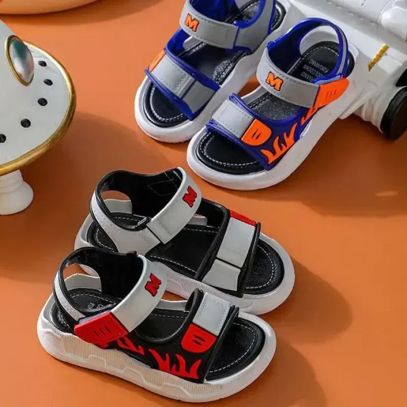 Color: black, Shoe Size: 1 - Baby Sandals Flame Pattern Boy Sandals Soft Sole Anti-slip Boys Girls Children Shoes