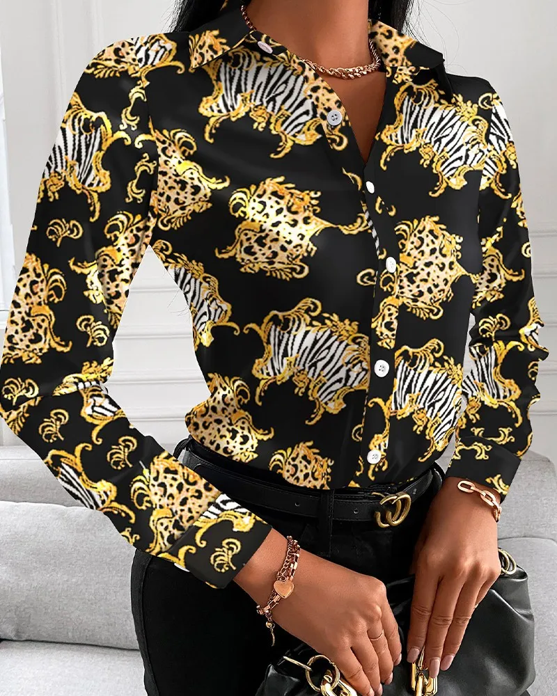 Color: Red, Size: L - Women Fashion Wild Shirts Chain/Floral/Letter/Geometric Square Print Turn-Down Collar Long Sleeve Blouses